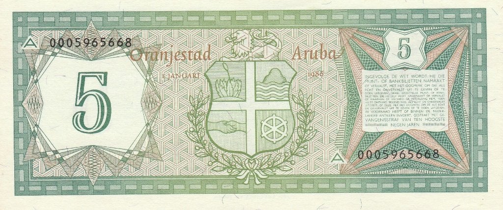 › Nederland › Nederlandse Cariben › Aruba 5 Florin  1986, Postzegels en Munten, Bankbiljetten | Amerika, Ophalen of Verzenden