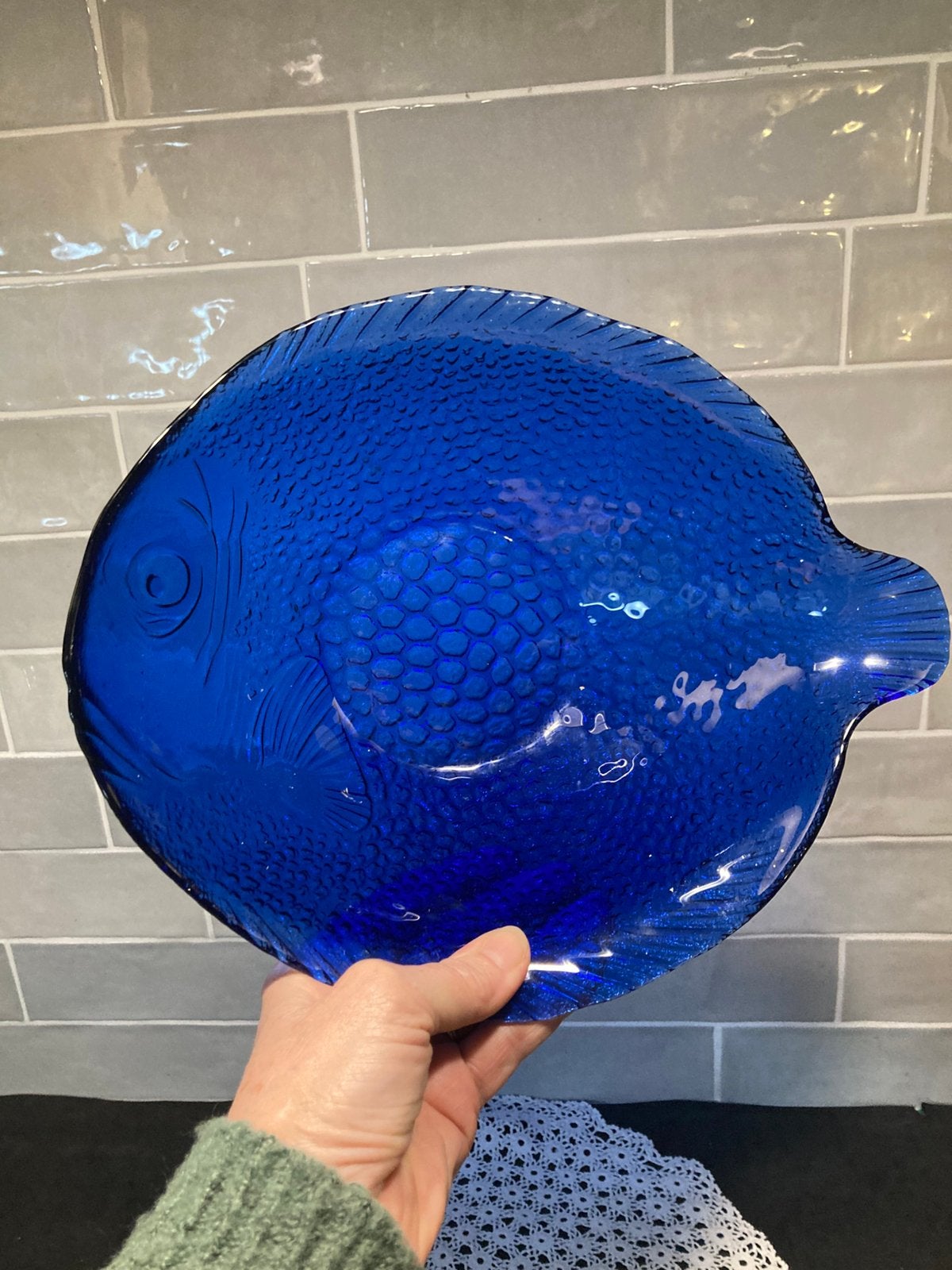 Vibtage blauw glazen visschaal, Arcoroc (100326b), Ophalen of Verzenden