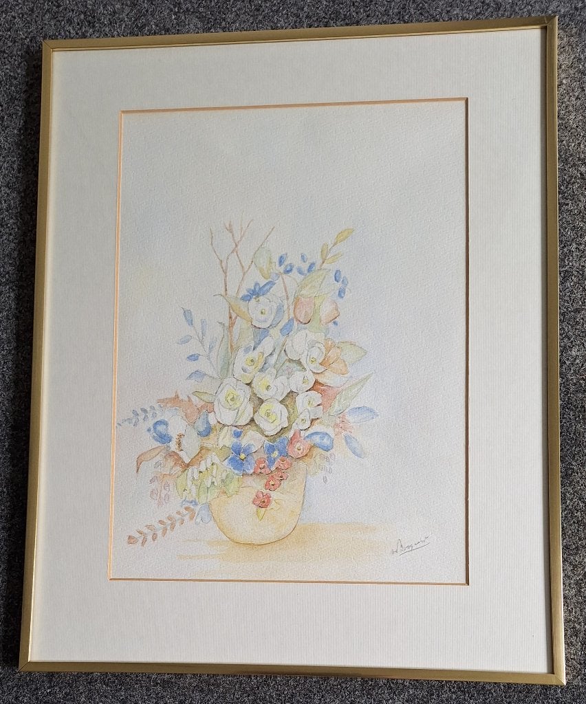 5 aquarellen met goudkleurige lijsten in vier maten., Ophalen, Achter glas, Meerkleurig, Decoratieobject