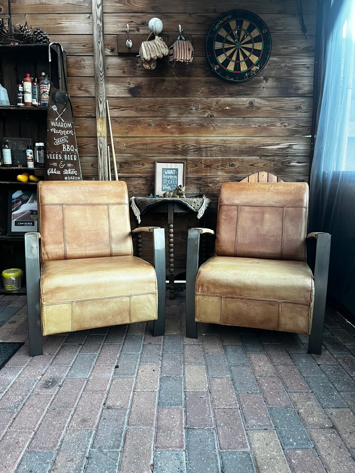 Set leren fauteuils met rvs armleuningen, Huis en Inrichting, Ophalen of Verzenden, Zo goed als nieuw, 50 tot 75 cm, Leer