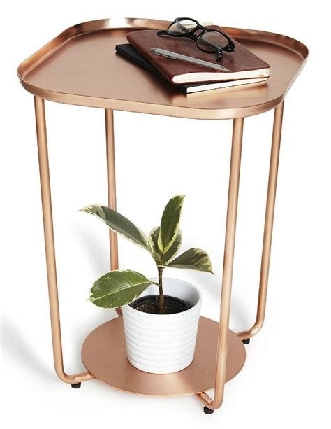 Koperkleurig bijzettafeltje met twee niveaus, Huis en Inrichting, Minder dan 55 cm, Gebruikt, Metaal of Aluminium, Rechthoekig