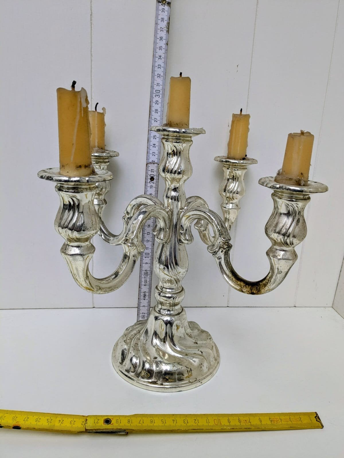 Vintage Zilverkleurige Kandelaar 5 Armen en Glazen Houder, Antiek en Kunst, Ophalen, Zilver