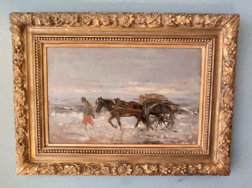 wgf. Jansen   ''schelpenvisser bij Katwijk'', Doek, Realistisch, Ophalen of Verzenden, Olieverf