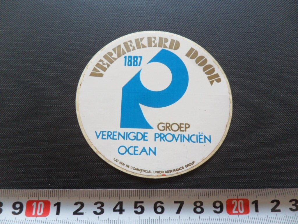 sticker Verzekerd door Verenigde Provinciën Ocean 1887 P gro, Ophalen of Verzenden, Zo goed als nieuw