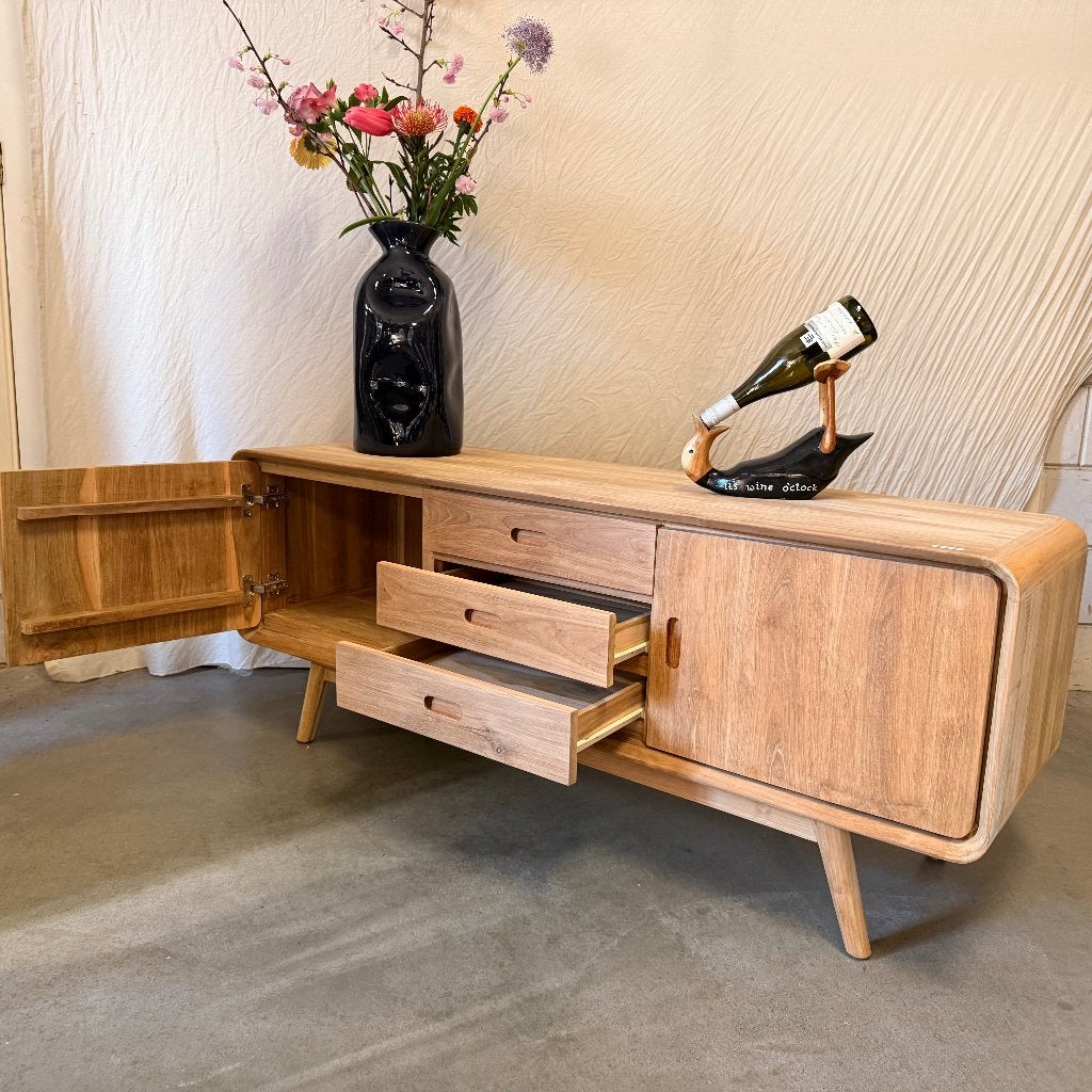 retro tv meubel teak met 3 lades - 150 cm - Gratis bezorgd, TTM Wonen, Meubels – (Perzische) Tapijten en Woonaccessoires, 100 tot 150 cm