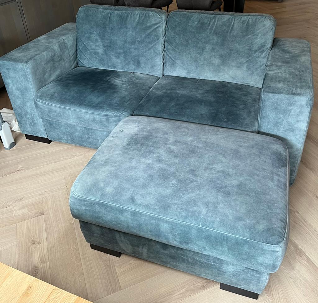 Bank 2,5 zits met hocker groen velours, Huis en Inrichting, Banken | Bankstellen, Ophalen, Gebruikt, 75 tot 100 cm, 200 tot 250 cm