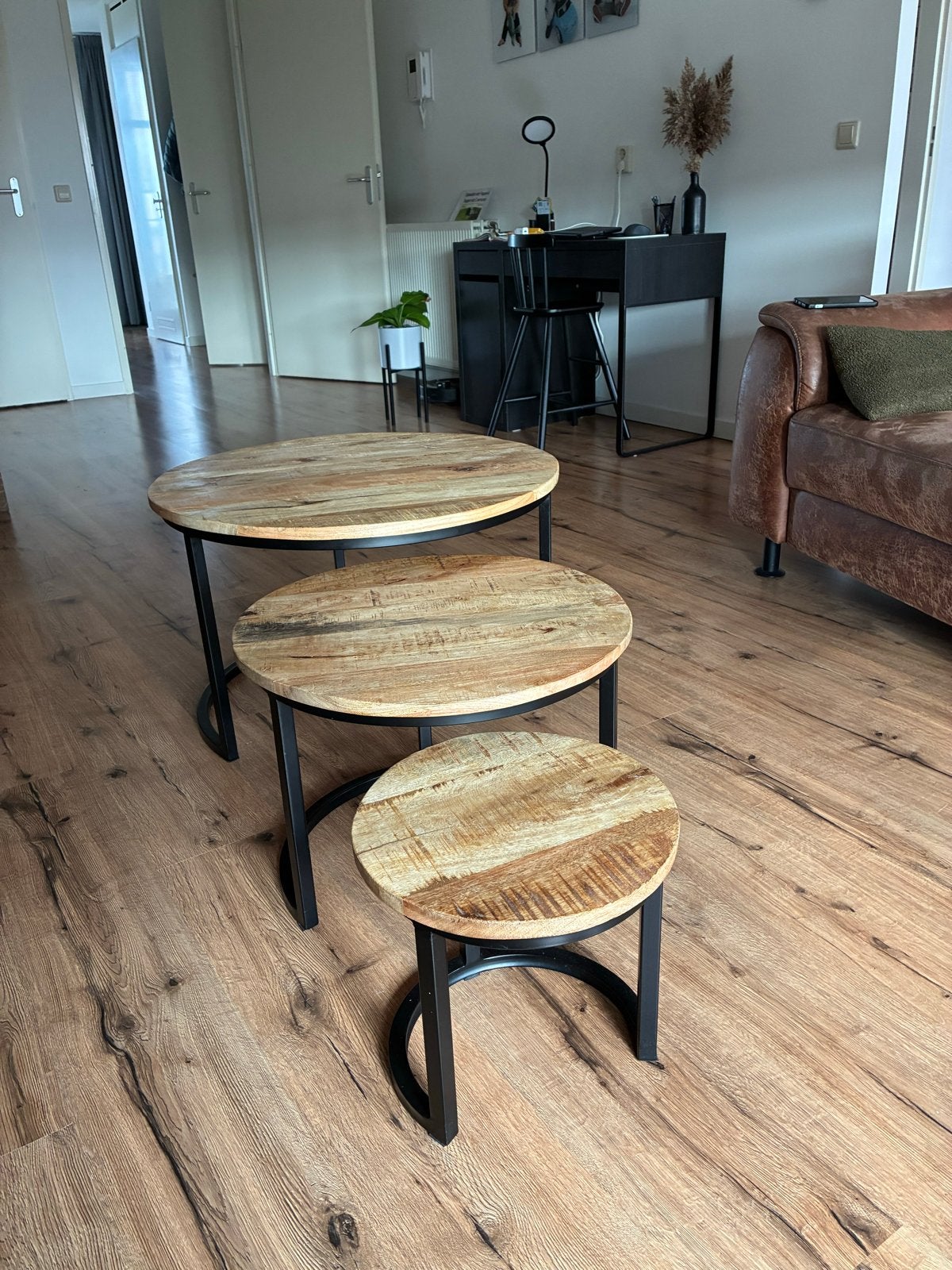 Set van 3 ronde tafels met mangohouten blad, Ophalen, Gebruikt, Rond, 50 tot 100 cm
