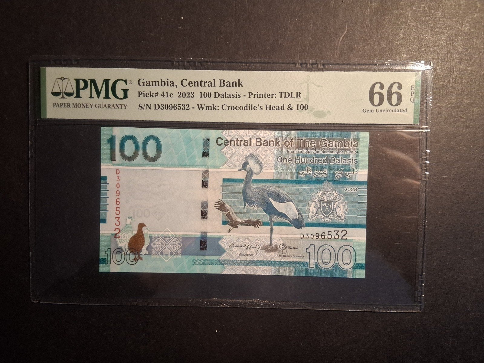 100 Dalasis Gambia  2023 PMG 66, Ophalen of Verzenden, Overige landen, Los biljet