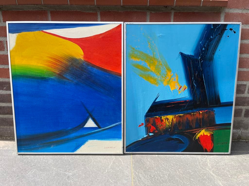 Set van 2 moderne abstracte schilderijen – gesigneerd, Antiek en Kunst, Ophalen of Verzenden