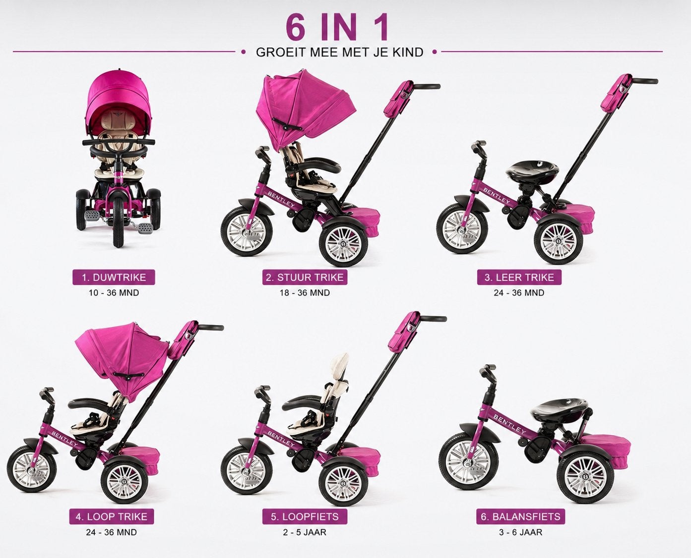 Bentley Tricycle 6-in-1 roze/fuchsia – luxe kinderdriewieler, Fietsen en Brommers, Fietsen | Driewielers, Ophalen of Verzenden