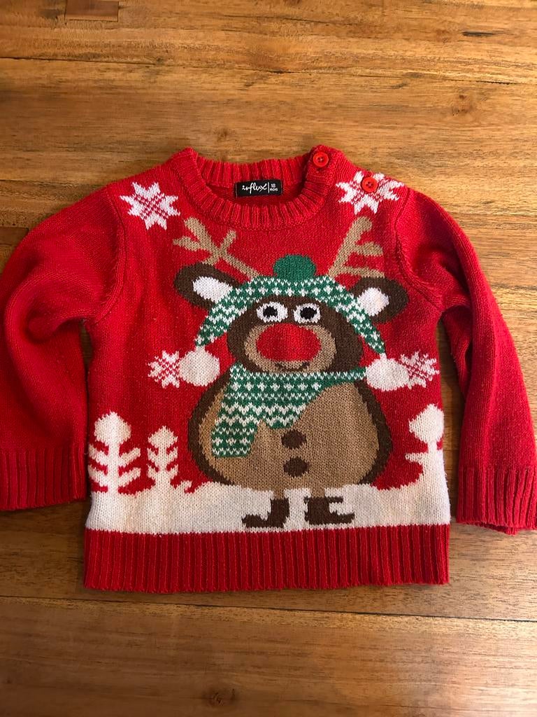 Rode Influx kersttrui met rendier, maat 86, Kinderen en Baby's, Babykleding | Maat 86, Ophalen of Verzenden, Zo goed als nieuw