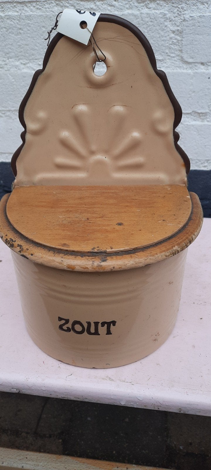 Antieke Zoutpot Emaille met Houten Deksel - ZOUT, Antiek en Kunst, Ophalen of Verzenden