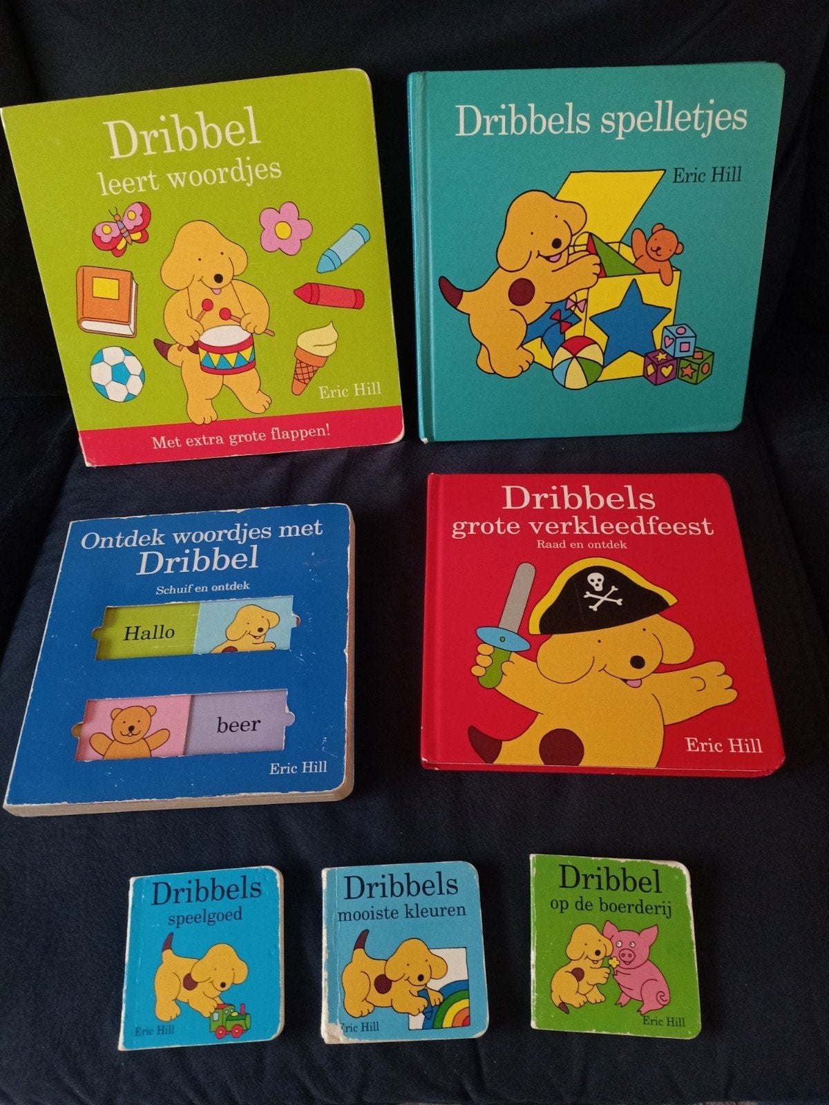 Dribbel boeken - 4 grote en 3 kleinere boeken - Eric Hill, Boeken, Gelezen, 6 tot 12 maanden, Ophalen of Verzenden, Uitklap-, Voel- of Ontdekboek