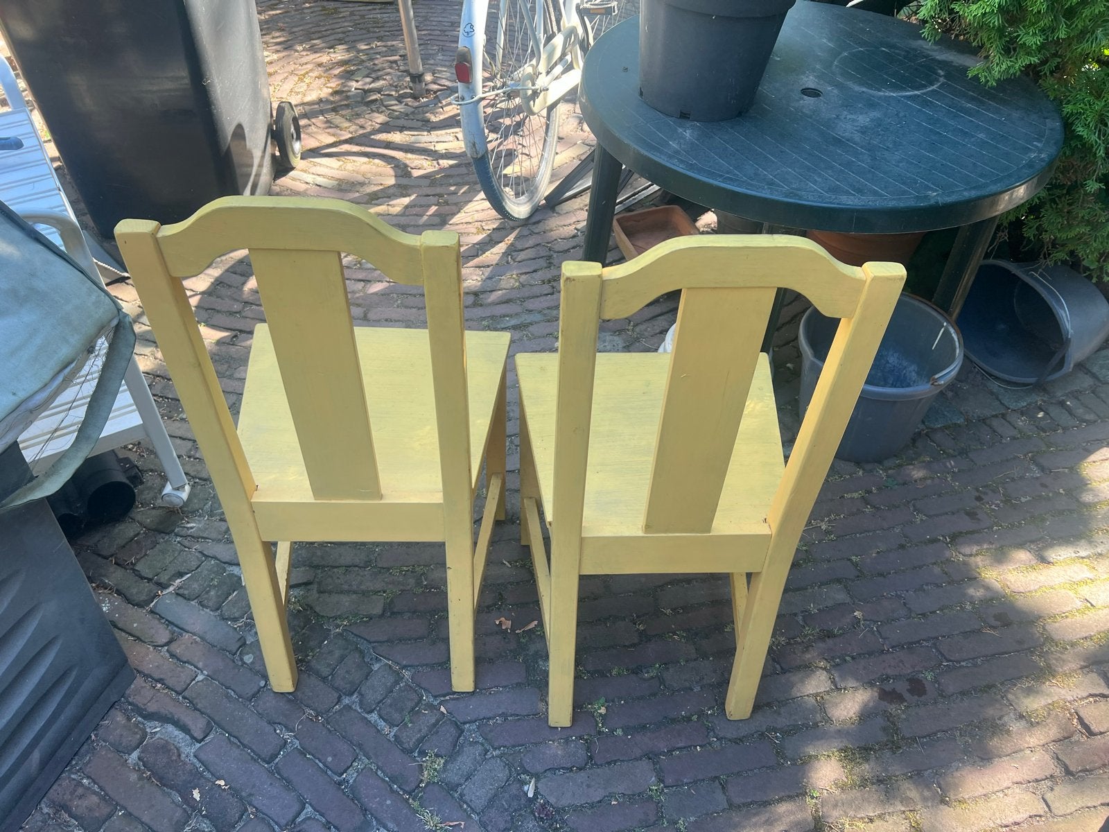 4 gele houten IKEA eetkamerstoelen, Gebruikt, Overige kleuren, Ophalen of Verzenden, Vier