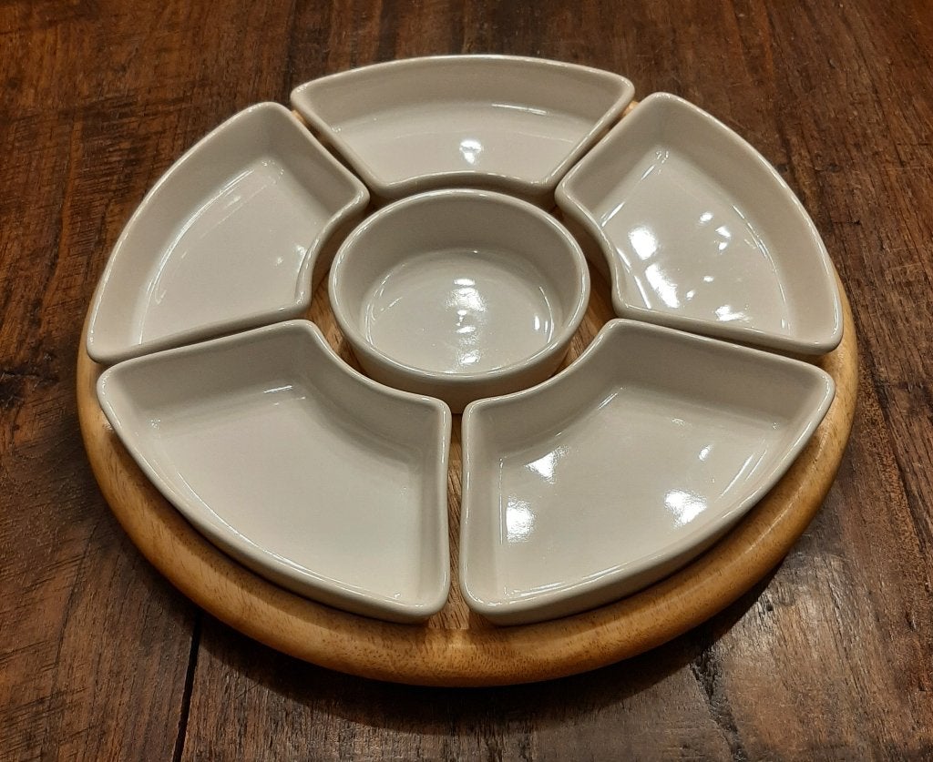 😋Vintage: Lazy suzan borrelplank - Keramische bakjes🏷️€18-, Hout, Snij-/serveerplank, Nieuw, Ophalen of Verzenden