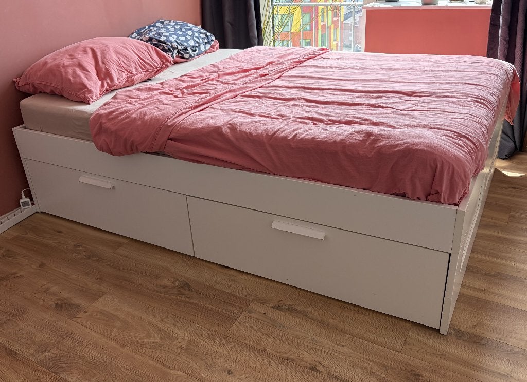 Brimnes Ikea bed 140x200 met lattenbodem, Ophalen, Gebruikt, Wit, Tweepersoons