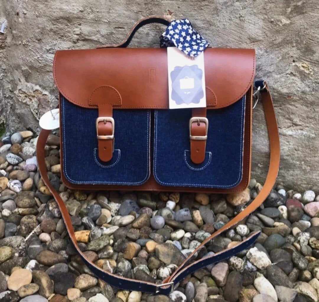Old school denim en leer schoudertas, Ophalen of Verzenden, Nieuw, Blauw, Overige typen
