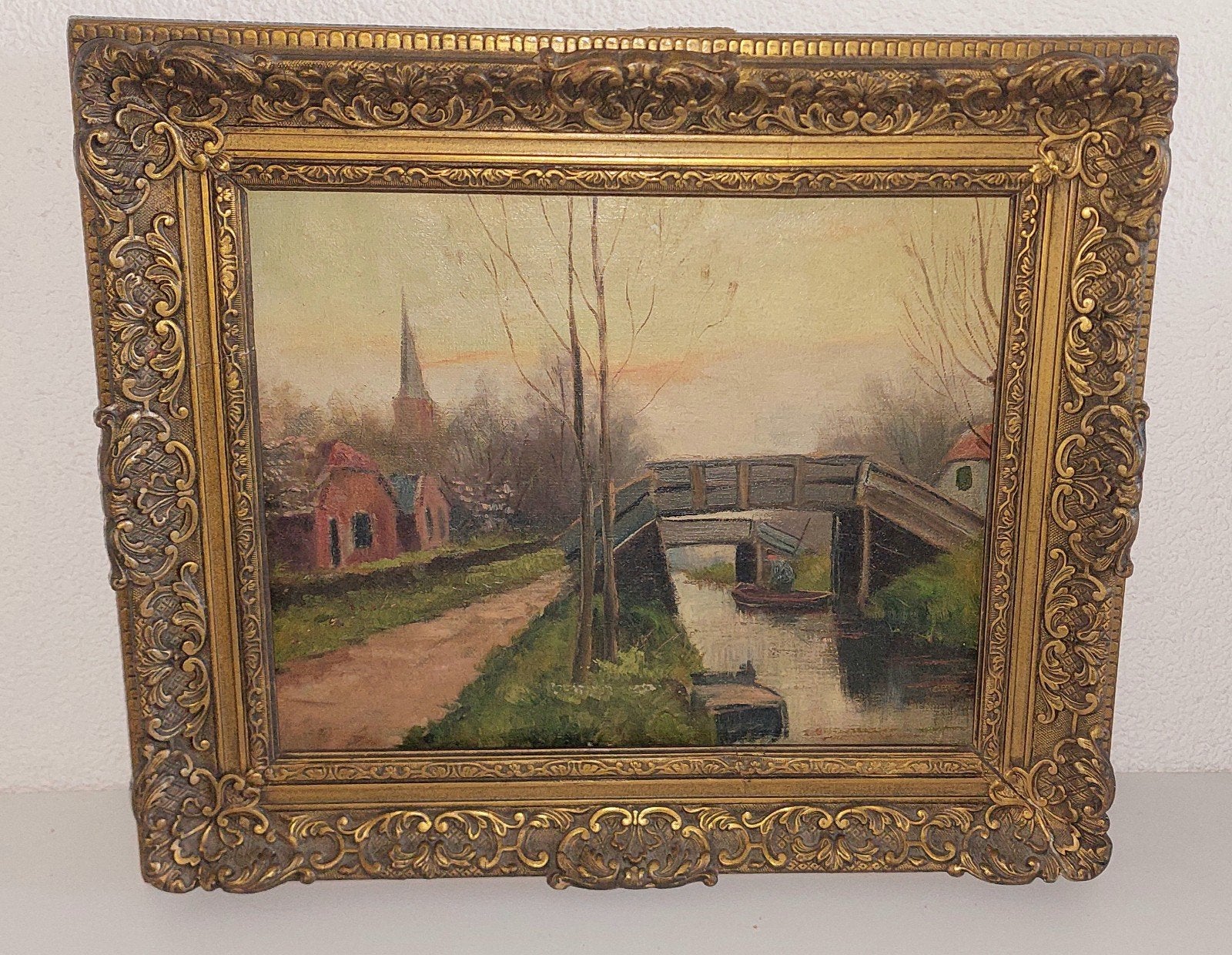 Oud Hollands Landschap Schilderij met Kerk en Brug, Antiek en Kunst, Ophalen of Verzenden, Stads- / dorpsgezicht