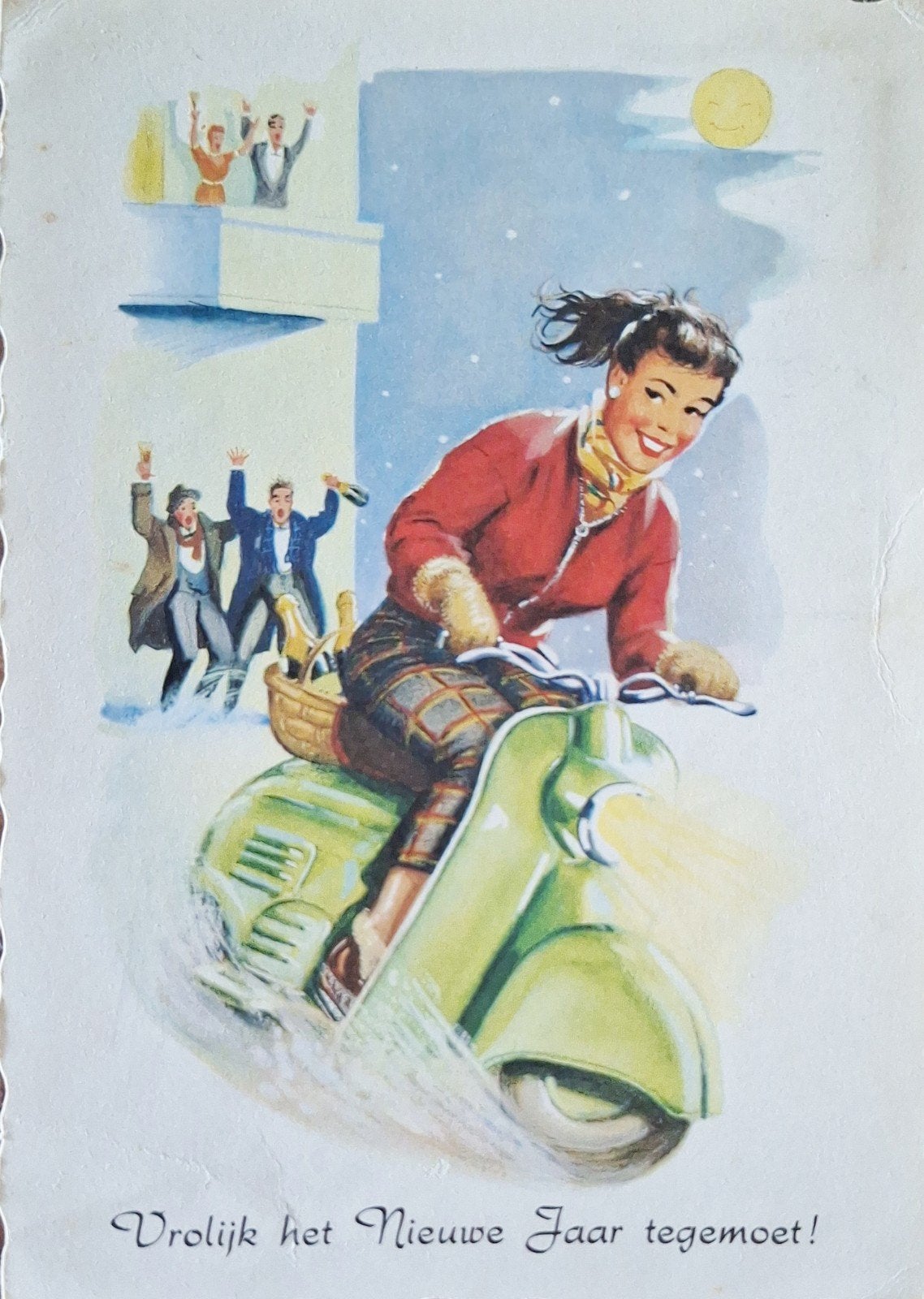 vintage wenskaart nieuwjaar - vrouw op vespa scooter, Ophalen of Verzenden, Gelopen, Overige thema's