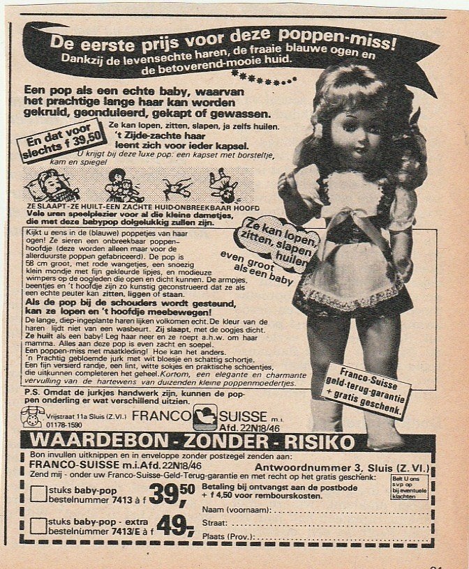 Retro reclame 1965 Franco-Suisse speelgoed mooie pop miss, Verzenden, Overige typen