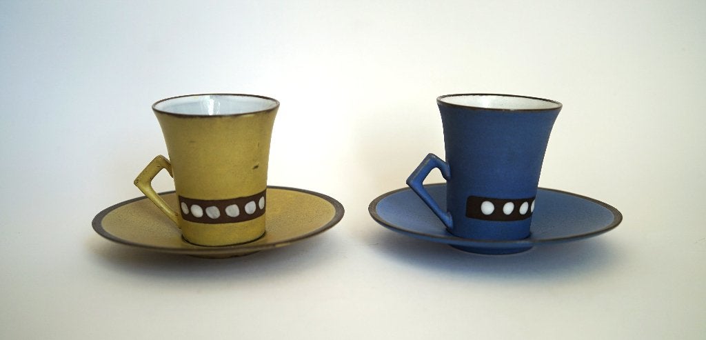 vintage 2x kop schotel 't vuur? sevink? blauw geel keramiek, Ophalen of Verzenden, Zo goed als nieuw, Overige stijlen, Kop(pen) en/of Schotel(s)