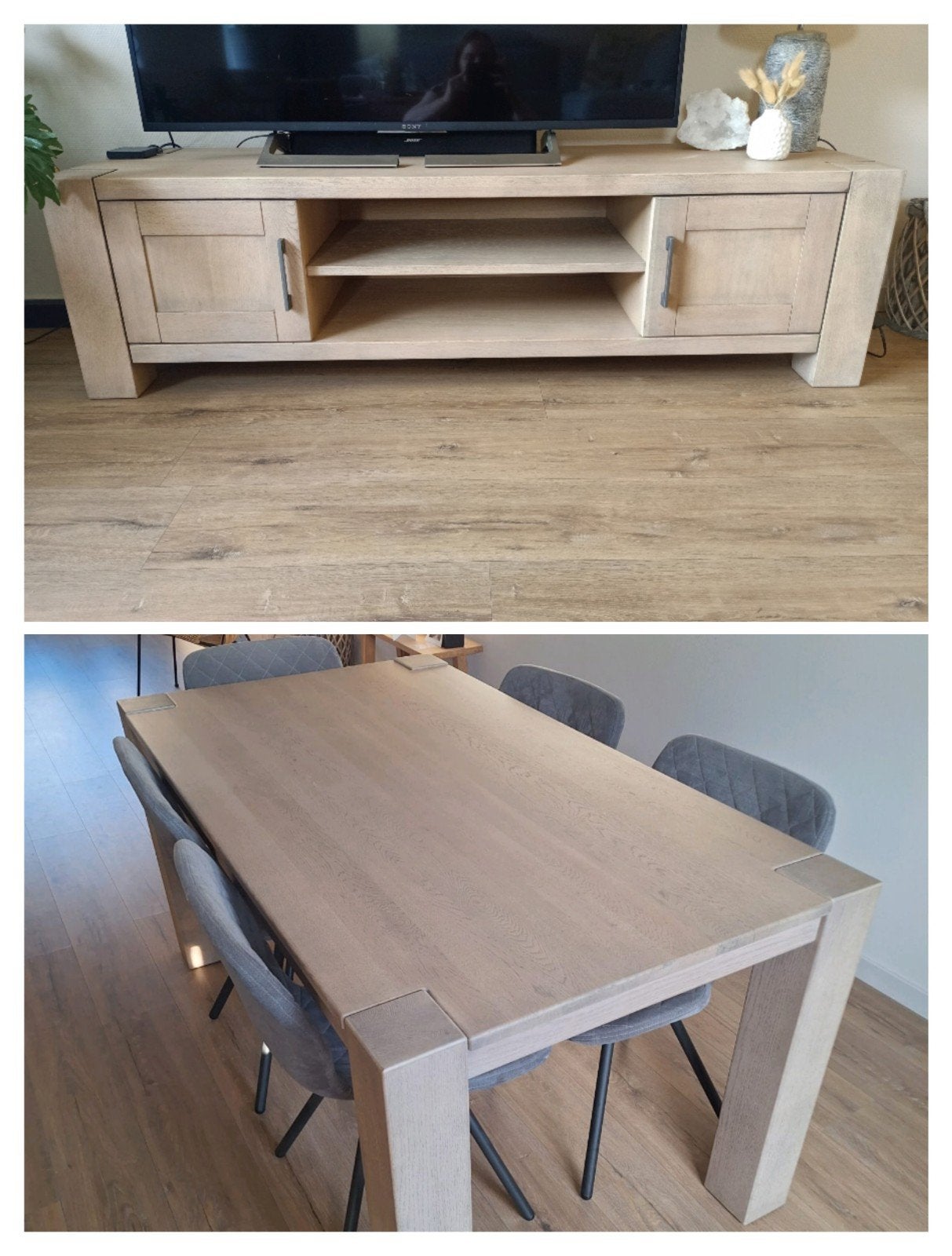 Set massief eiken tv meubel en eettafel 160 cm incl stoelen, Ophalen