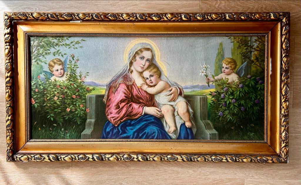 Klassiek schilderij Madonna met kind, gouden kitsch lijst, Ophalen
