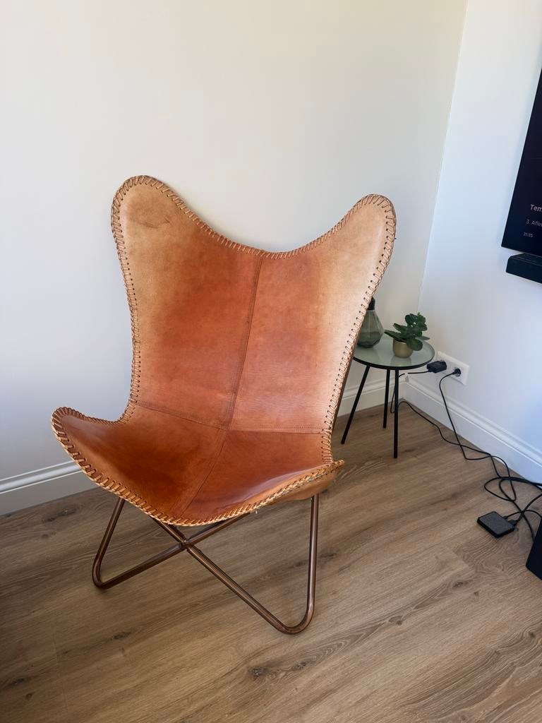 Leren Vlinderstoel - Cognac Kleur, Ophalen, Gebruikt, Bruin, Vintage