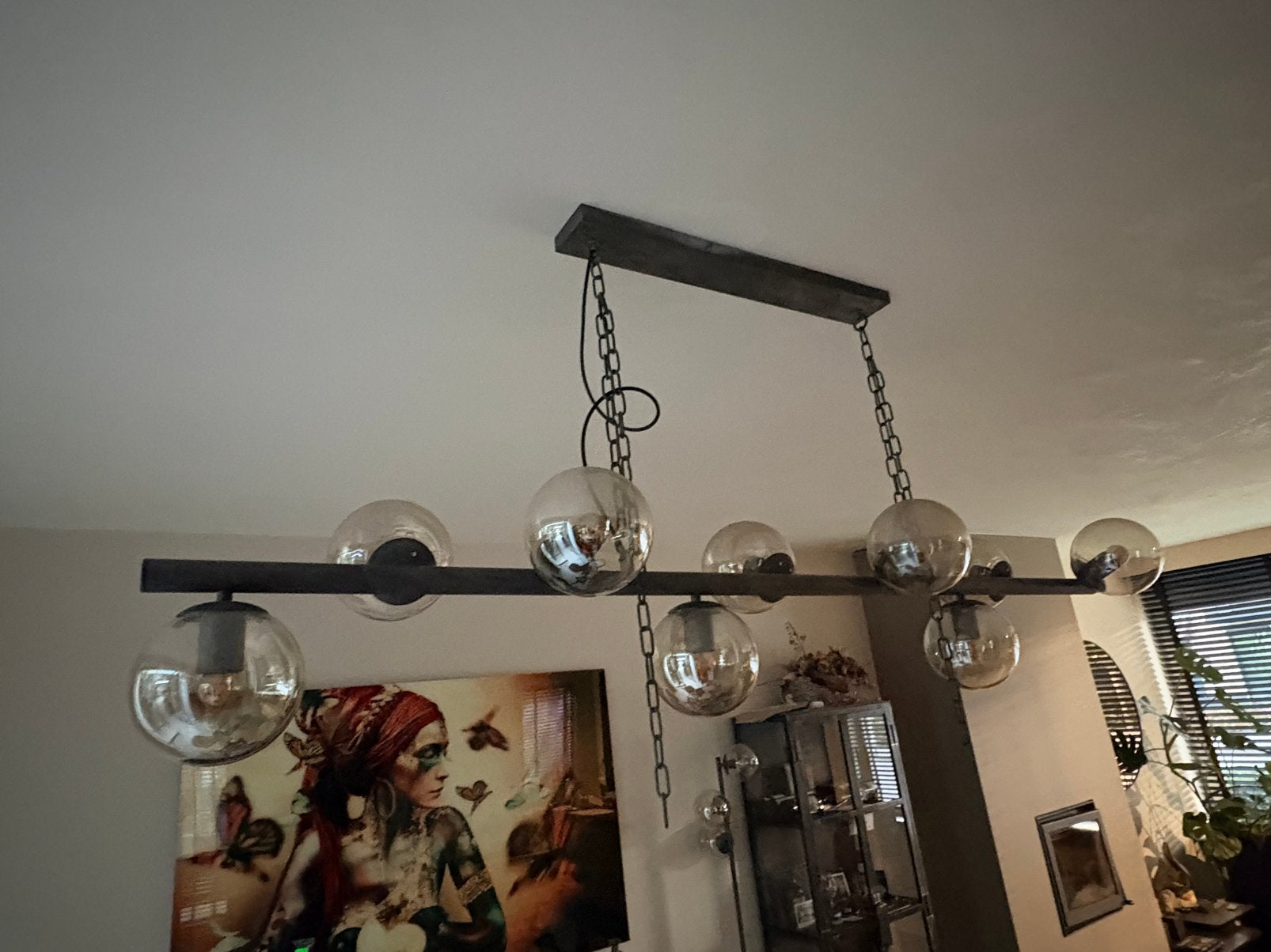 Industriële hanglamp met 9 glazen bollen, Ophalen, Zo goed als nieuw, Glas, E27 (groot)