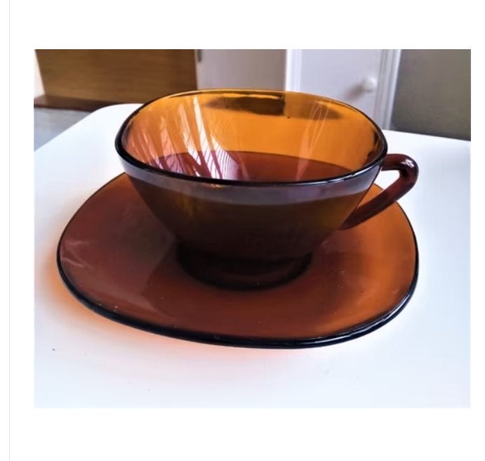 vintage 70's-vereco france amberkleur glas kop en schotel, Ophalen of Verzenden
