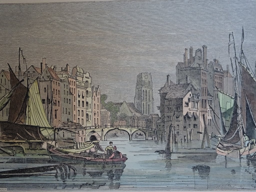 staalgravure Rotterdam haven Laurenskerk J.Jackson 19e eeuw, Antiek en Kunst, 1800 - 1899, Stadsgezicht, Ophalen of Verzenden