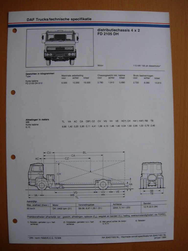 DAF FD 2100 DH Technische Specificatie Brochure 1984 – 4x2, Ophalen of Verzenden, Zo goed als nieuw, Overige merken, DAF