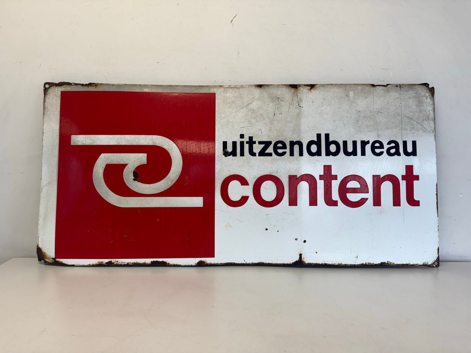 Vintage Uitzendbureau Content Emaille Reclamebord, Ophalen, Reclamebord, Gebruikt, .