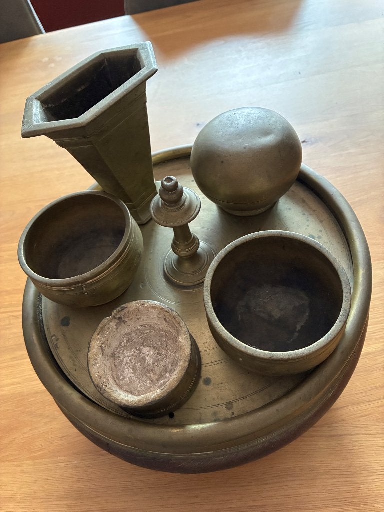 Antieke Javaanse sirih betelset messing/hout ca. 1900, Indonesië, Ophalen of Verzenden, Overige materialen
