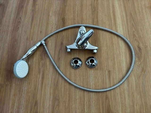 Goede Grohe Eurodisc Badmengkraan + badset + douchekophouder, Ophalen of Verzenden, Gebruikt, Chroom, Kraan