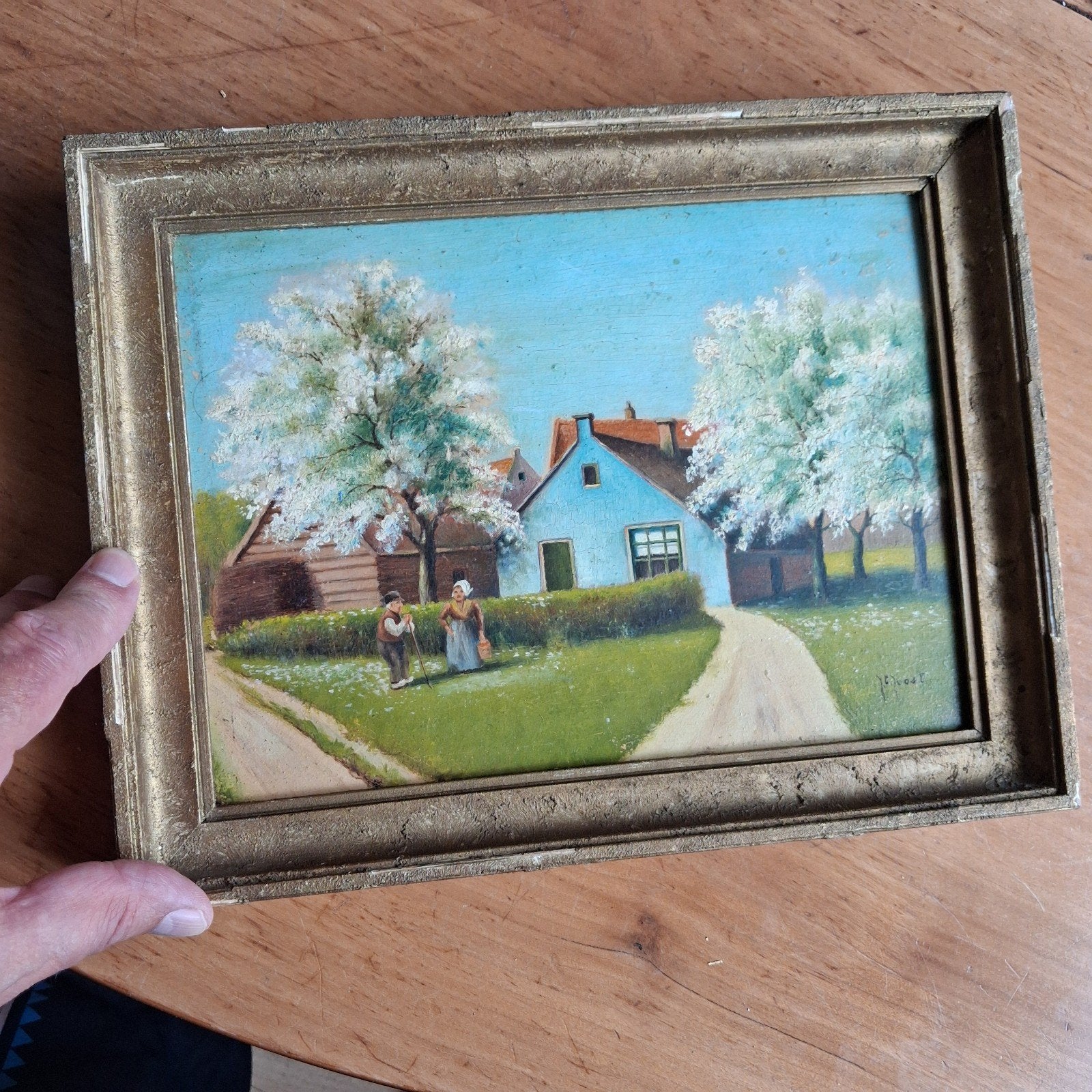 Olieverf Paneel J.C.Joost Hollands Tafereel Streekdracht, Paneel, Oud hollands, Ophalen of Verzenden, Landschap