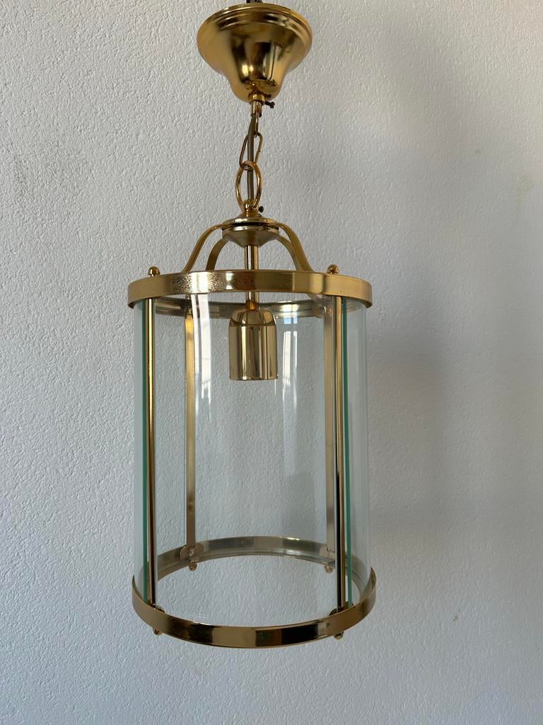 Antieke Franse hanglamp - Messing en Glas, Ophalen of Verzenden