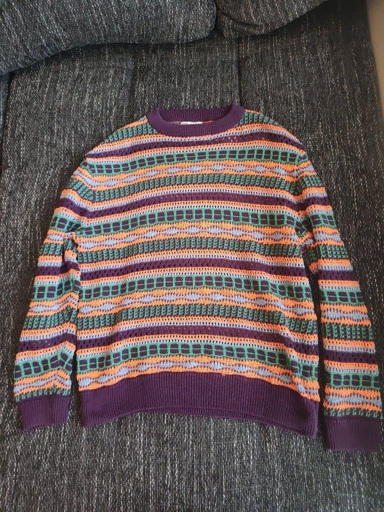 ZARA gestreepte trui/sweater (gehaakt) paars/oranje/groen, Kleding | Heren, Zara, Ophalen of Verzenden, Zo goed als nieuw, Meerkleurig
