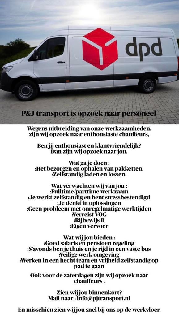 Personeel gezocht dpd Tynaarlo/groningen, Vacatures, 33 - 40 uur, Overige niveaus, Overige vormen