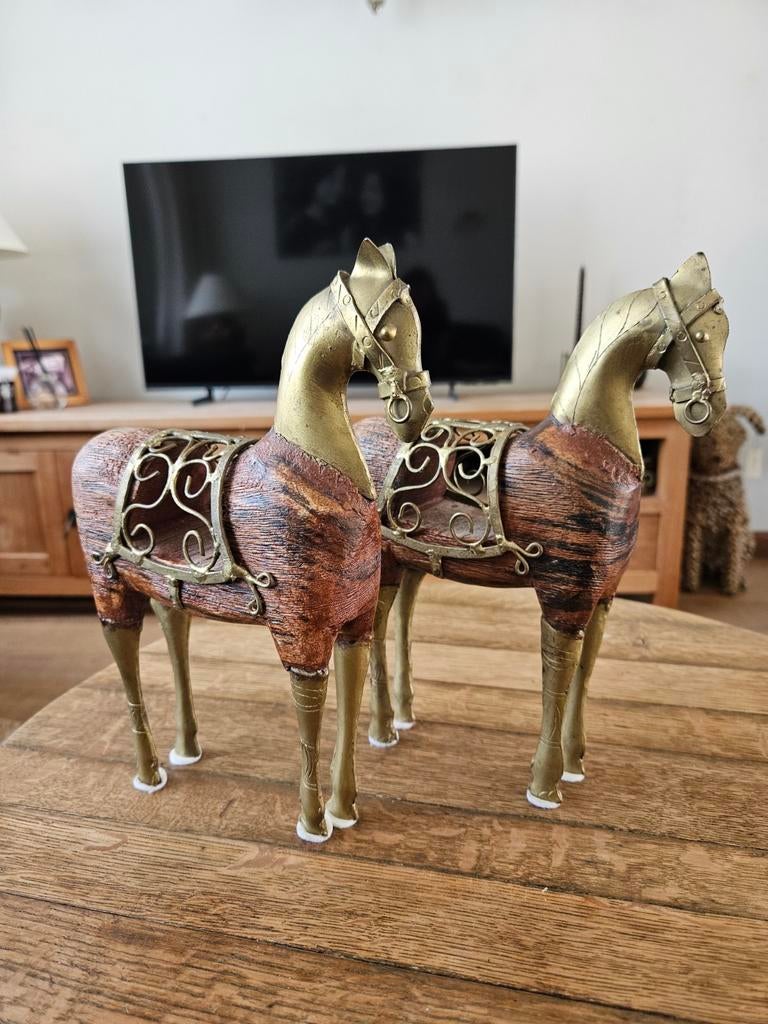 Vintage Marwari Paarden Hout & Messing - India, Huis en Inrichting, Ophalen of Verzenden