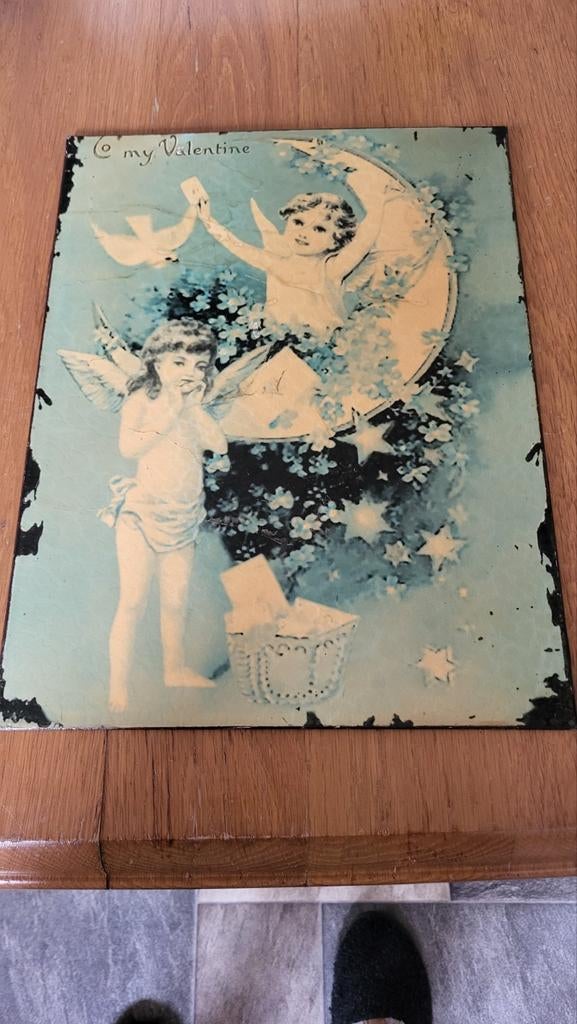 Vintage Zinken Bord met Engeltjes Afbeelding -'My Valentine, Huis en Inrichting, Woonaccessoires | Wanddecoraties, Ophalen of Verzenden