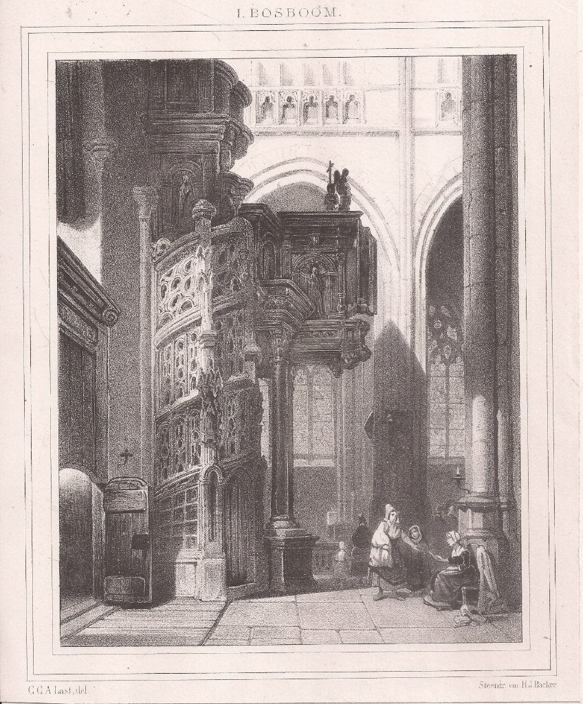 Bosboon, J. - Interieur van de kerk Saint-Maclou in Rouen, 1800 - 1899, Architectuur, 19 cm, Ophalen of Verzenden
