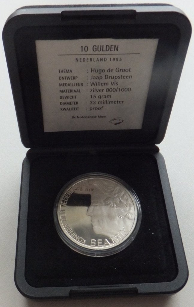 Nederland 10 gulden Hugo de Groot 1995 PROOF in cassette, Postzegels en Munten, Munten | Nederland, Setje, Koningin Beatrix, Zilver