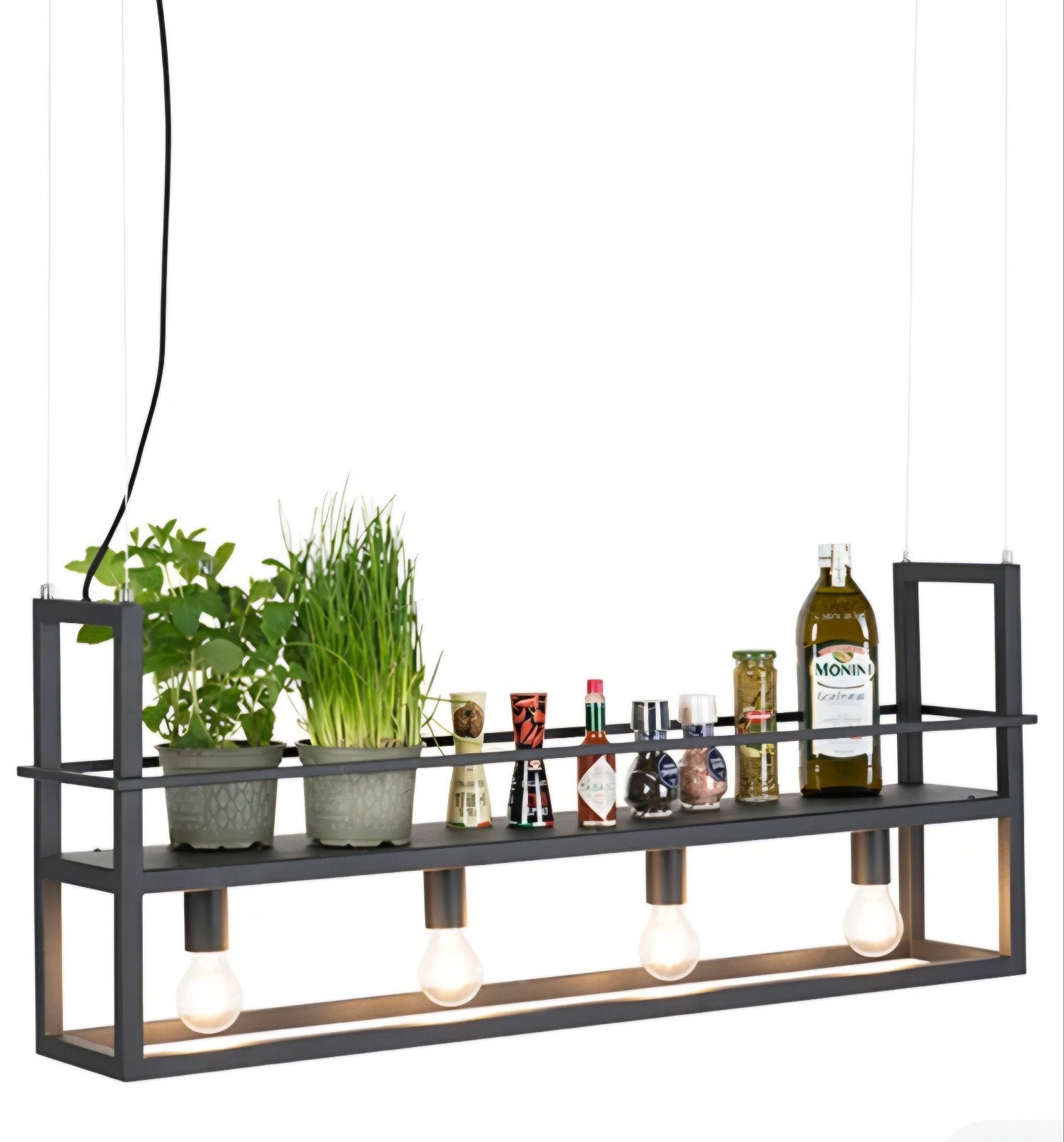 Moderne zwarte hanglamp met rek - 4 lichts, Huis en Inrichting, Ophalen, Modern, Industrieel, E27 (groot), Zo goed als nieuw