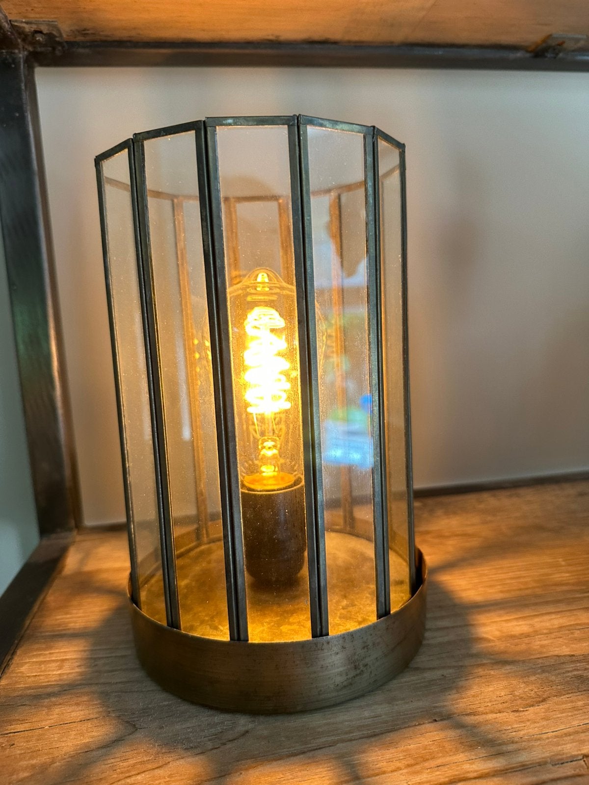 2 x stoere tafellamp Pauw wonen brons antiek vintage look, Ophalen of Verzenden, Zo goed als nieuw, Glas