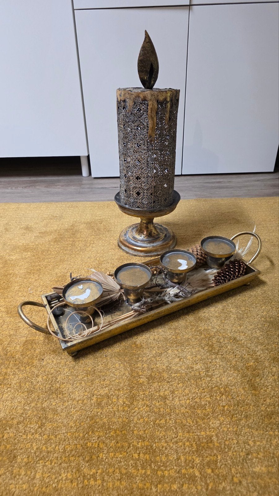 Decoratieve dienblad met kaarsenhouder en decoratie, Huis en Inrichting, Woonaccessoires | Overige, Ophalen, Gebruikt, Landelijk
