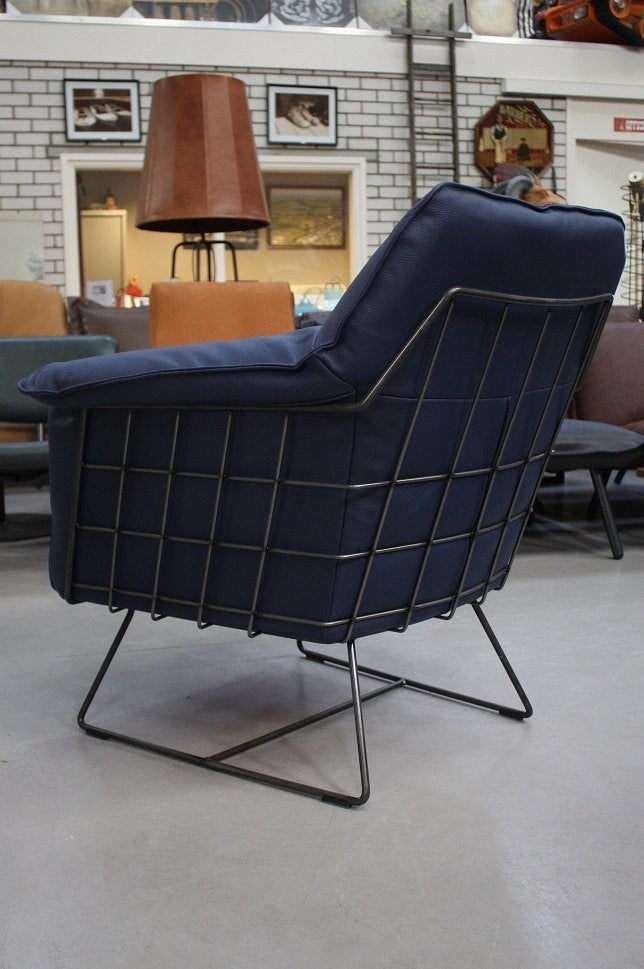 Luxe stoere fauteuil RAZ Jess Design metaal leer Kobaltblauw, Ophalen, Zo goed als nieuw, Leer, 75 tot 100 cm