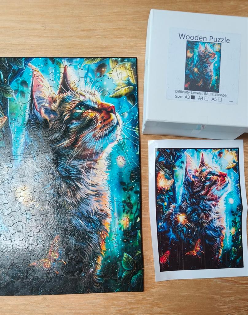 Houten Puzzel Poes met Vlinders - Uniek Cadeau, Ophalen of Verzenden, Minder dan 500 stukjes, Nieuw, Legpuzzel