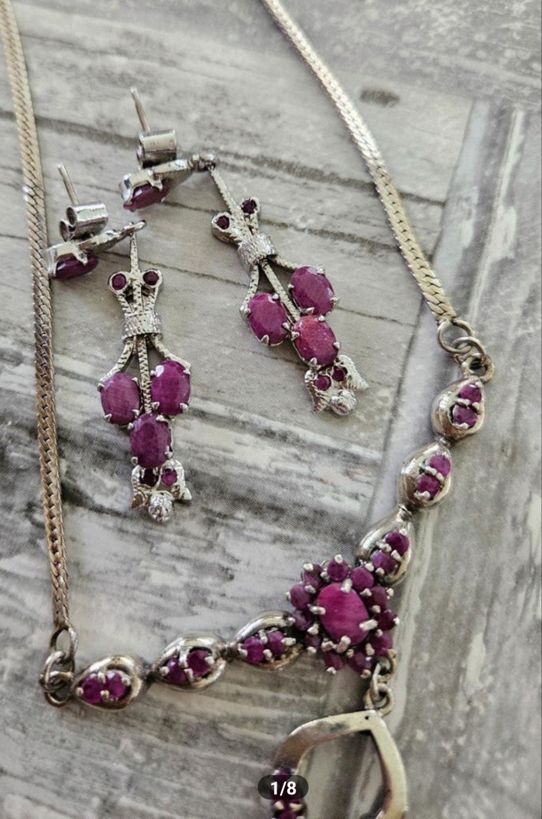Zilveren ketting met robijn stenen en oorbellen, Verzenden, Zilver, Zilver