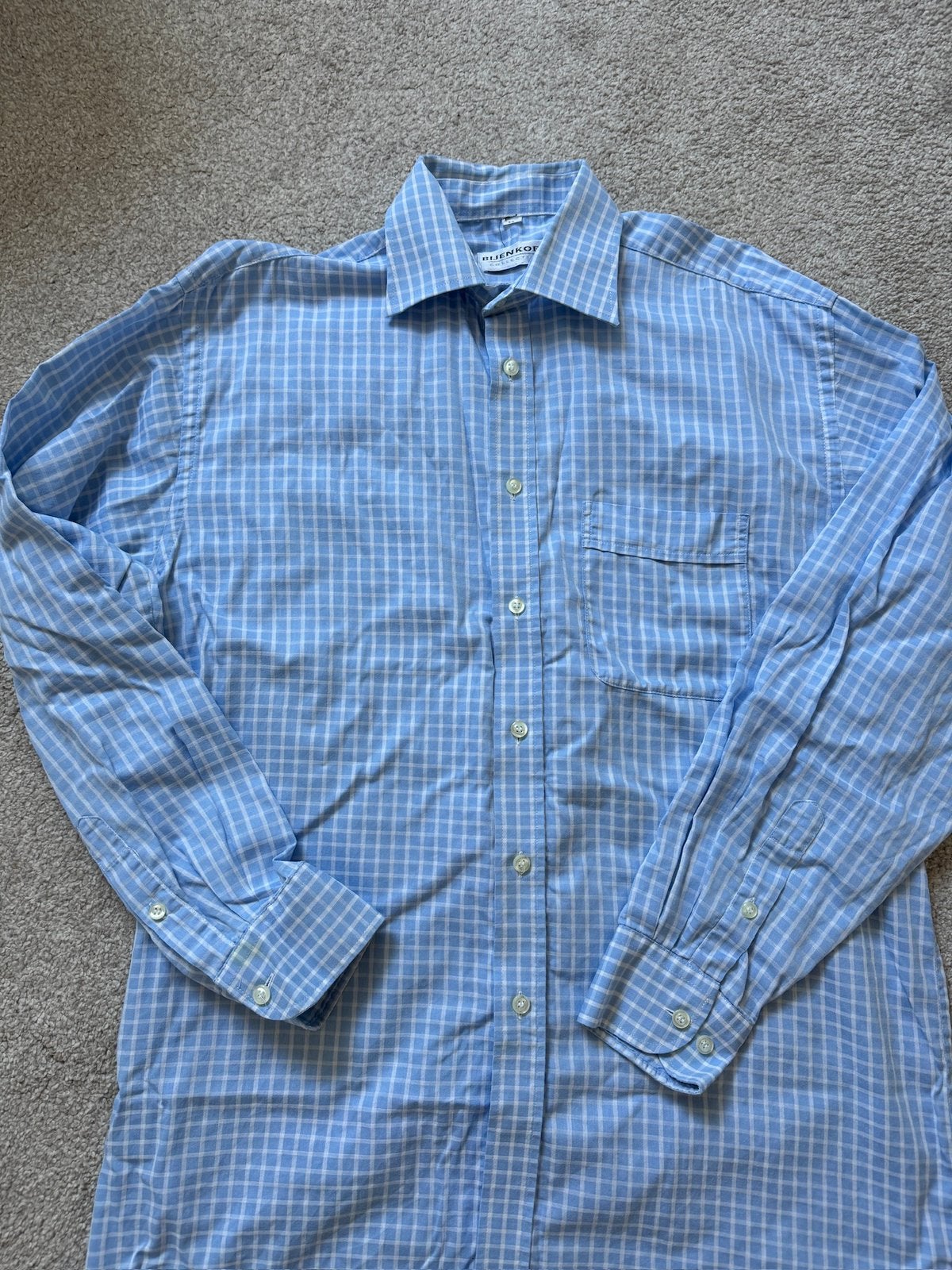 Lichtblauwe ruit blouse Bijenkorf maat L, Ophalen of Verzenden, Zo goed als nieuw, Blauw, Halswijdte 39/40 (M)